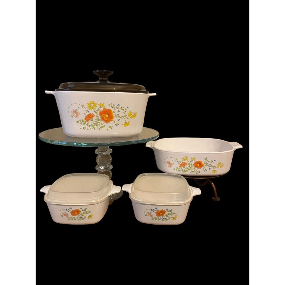 RARE VINTAGE WILDFLOWER CORNINGWARE 2 & 3 Qt W/ Lid, 2- 2 3/4 C. W/LIDS EUC 1977